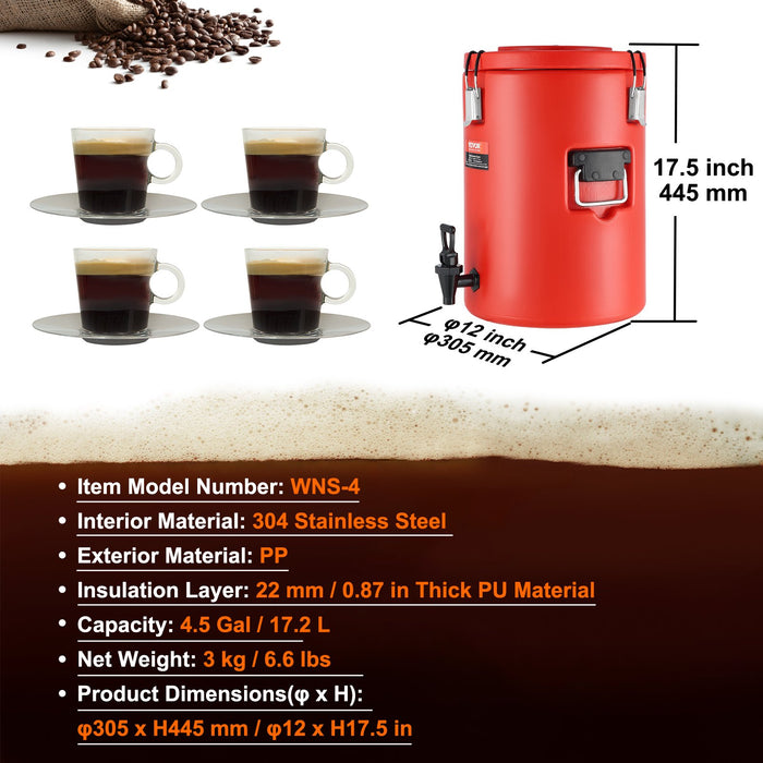 VEVOR Stainless Steel Insulated Beverage Dispenser, 17.2 Liter, Thermal Hot and Cold Drink Server Dispenser with Spigot Handle, Food-grade for Hot Tea Coffee Water Restaurant Drink Shop