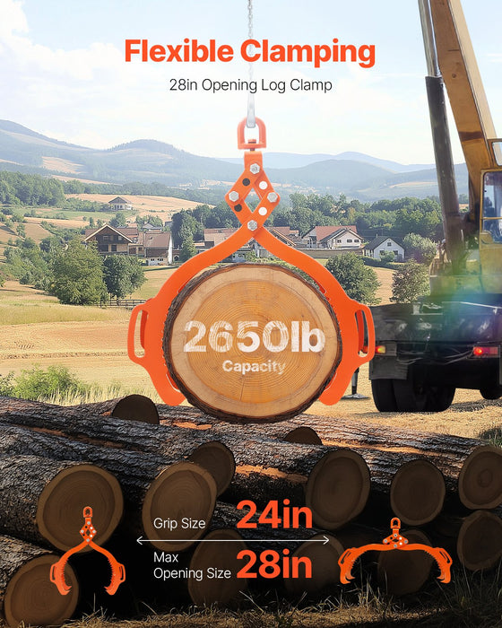 VEVOR 28in Log Lifting Tongs, 4-Claw Log Tongs, Heavy Duty Steel Log Grapple, 2650LBS Lifting Capacity, Swivel Log Graper Timber, Eagle Claw Design, Log Skidding Tongs for Trucks, Tractors, Forklifts