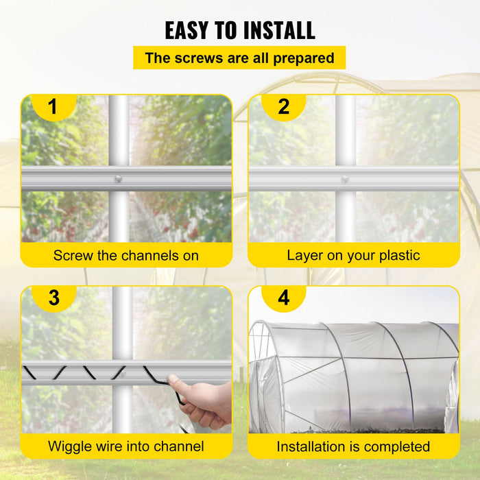 VEVOR Spring Wire and Lock Channel, 2m Spring Lock & U-Channel Bundle for Greenhouse, 40 Packs PE Coated Spring Wire & Aluminum Alloy Channel,Plastic Poly Film or Shade Cloth Attachment with Screw
