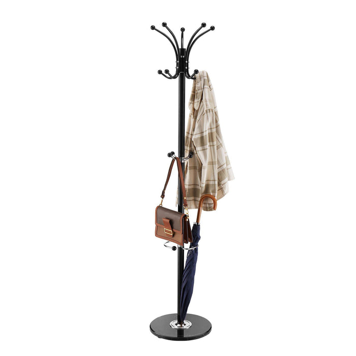 Freestanding Coat Rack, Metal Coats Rack Stand with Umbrella Holder, Stable Marble Base & 14 Hooks, Hall Coat Tree for Entryway, Bedroom, Living Room, Stylish Coats Hanger for Hats, Scarves, Bag