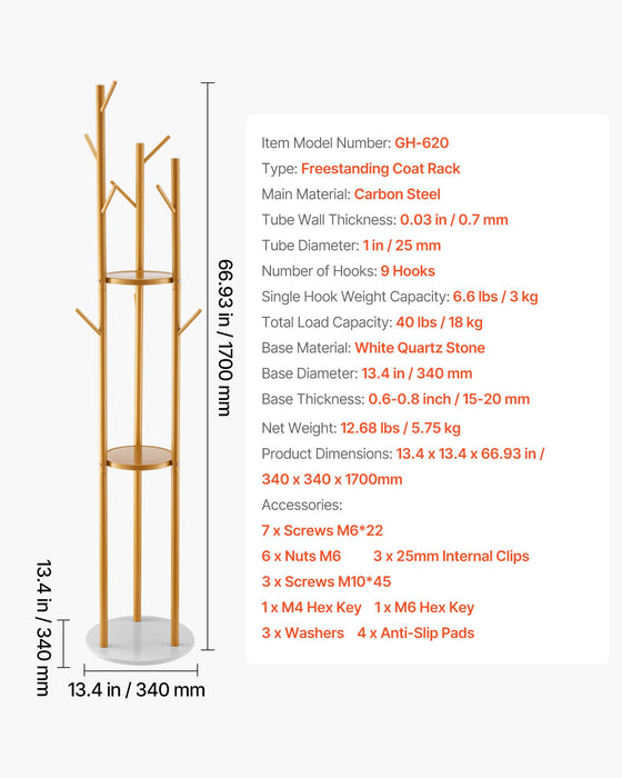VEVOR Coat Rack, Freestanding Coat Rack Stand with Quartz Stone Base & 9 Hooks, Free Standing Hall Coat Tree for Entryway, Bedroom, Office, Living Room, Modern Clothes Hanger for Coat, Hat, Scarf, Bag
