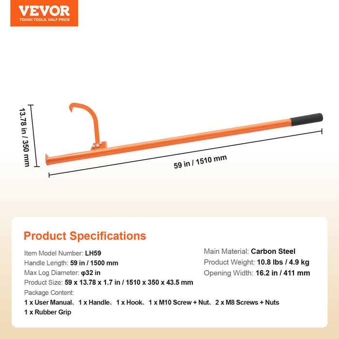 VEVOR Cant Hook Tool, 59 in, Heavy Duty Steel Log Roller, Log Lifter Timber Jack for Max 32" Dia Logs, Forestry Logging Tools, Dual Function Log Handler for Rolling and Clamping Logs