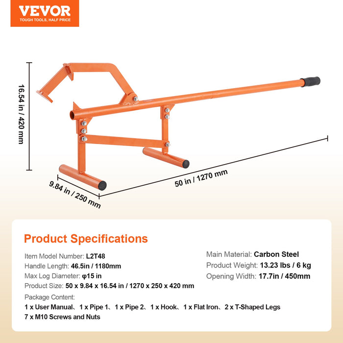 VEVOR Timberjack, 46.5 in, Heavy Duty Steel Log Lifter, Log Roller with Adjustable Cant Hook, Logging Tools Log Jack for Logs Ups to 15" Dia, Timber Jack for Rolling Cutting Lifting Logs