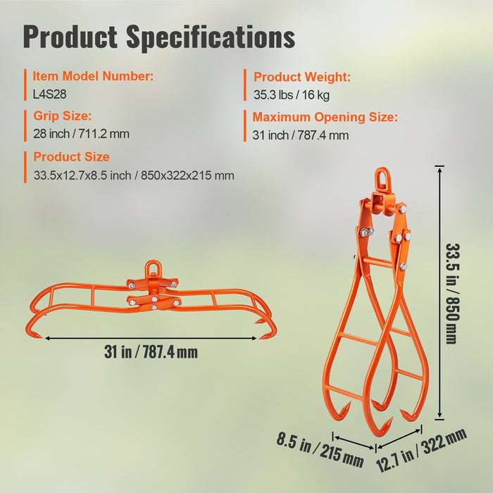 VEVOR Timber Claw Hook, 28 inch 4 Claw Log Grapple for Logging Tongs, Swivel Steel Log Lifting Tongs, Eagle Claws Design with 2205 lbs/1000 kg Loading Capacity for Tractors, ATVs, Trucks, Forklifts