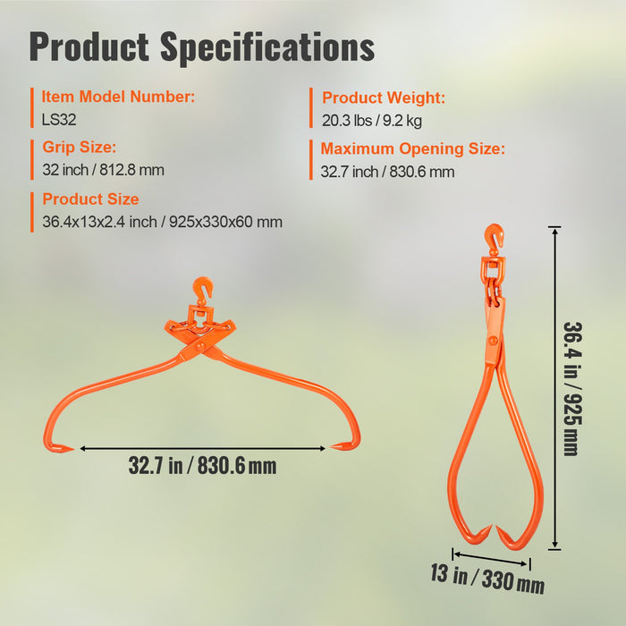 VEVOR Log Skidding Tongs, 81.3cm 2 Claw Log Lifting Tongs, Heavy Duty Rotating Steel Lumber Skidding Tongs, 700 kg Loading Capacity, Log Lifting, Handling, Dragging & Carrying Tool
