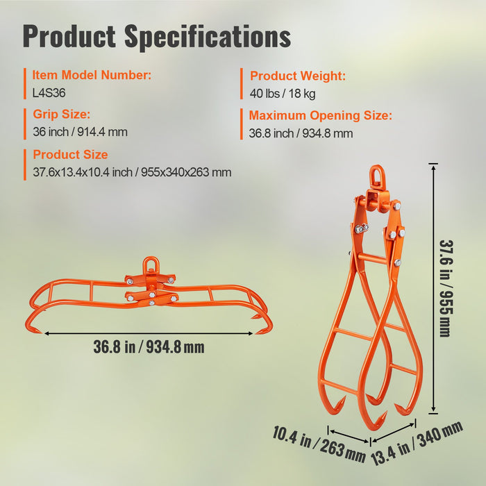 VEVOR Timber Claw Hook, 36 inch 4 Claw Log Grapple for Logging Tongs, Swivel Steel Log Lifting Tongs, Eagle Claws Design with 3307 lbs/1500 kg Loading Capacity for Tractors, ATVs, Trucks, Forklifts