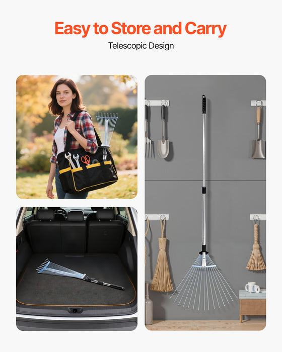 VEVOR Leaf Rake, 15 Metal Tines, Adjustable Garden Rake for Lawns with 19-57 cm Wide Head and 81.3-160 cm Long Handle, Heavy Duty Stainless Steel Small Leaves Tool for Gardening Camping Yard Grass