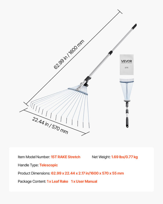 VEVOR Leaf Rake, 15 Metal Tines, Adjustable Garden Rake for Lawns with 19-57 cm Wide Head and 81.3-160 cm Long Handle, Heavy Duty Stainless Steel Small Leaves Tool for Gardening Camping Yard Grass