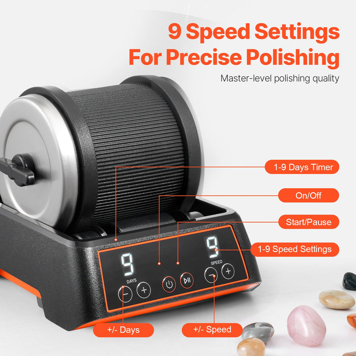 VEVOR Rock Tumbler Kit, 2.5 lbs Rock Polishing Kit, 9 Speed Settings 9-Day Polishing Timer Stone Polishing Kit, Rock Polisher with Rough Gemstones and Polishing Grits, Rock Polisher for Kids Adults
