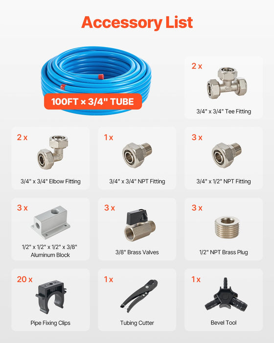 VEVOR Air Compressor Line Kit, 100FT x 3/4", HDPE-Aluminum Compressed Air Piping System, Leak-Proof, Pressure-Resistant & Easy-to-Install, Compressed Air Line Tubing Kit for Garages Workshops, Blue