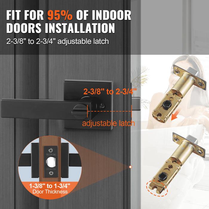 Privacy Door Handle, 10 Pack Matte Black Door Lever, Left or Right Handing Reversible Lever with Keyless Lock, 45° Rotation to Open, Universal Square Interior for Bedroom and Bathroom Doors