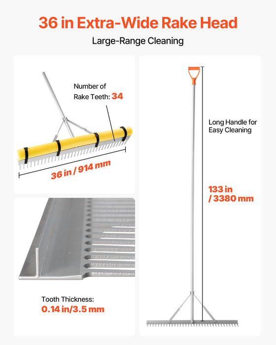 VEVOR Landscape Rake, 914 mm Wide Head 2590 mm Handle, Large Heavy Duty Aluminum Landscaping Leaf Rake Tool, Asphalt Level for Loosening Soil, Garden & Yard, Pond Gravel & Beach Lawn Care, 15.8m Rope