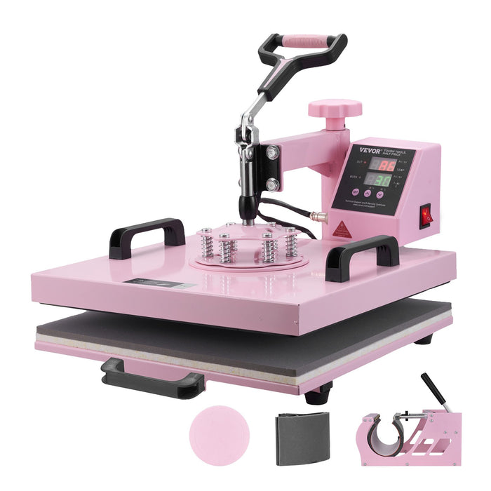 VEVOR Heat Press Machine, 15 x 15 inch, 5 in 1 Heat Transfer Machine with 30 oz Tumbler Press, 360° Swing Away T-Shirt Pressing, Digital Precise Control, for T-Shirts/Mugs/Hats/Plates, Pink