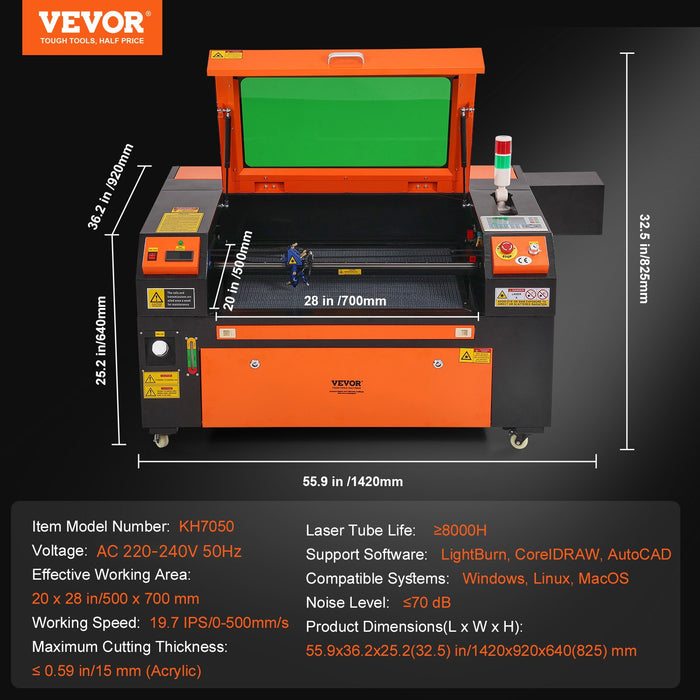 VEVOR 80W CO2 Laser Engraver, 500 x 700 mm, 19.7 IPS Laser Cutter Machine with 2-Way Pass Air Assist, Compatible with LightBurn, CorelDRAW, AutoCAD, Windows, Mac OS, Linux, for Wood Acrylic Fabric