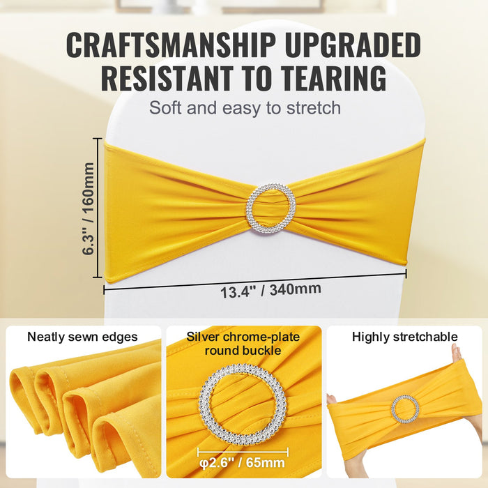 VEVOR Stretch Spandex Chair Sashes, Chair Slipcover and Stretch Chair Sash with Round Buckle, Elastic Chair Bands, Fitting Wedding, Holiday, Banquet, Party Chair Decoration (50 PCS Golden Yellow)
