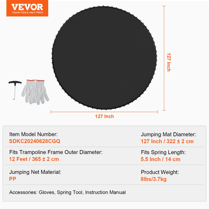 VEVOR Replacement Trampoline Mat Fits 12ft Frame 72 V-Rings 5.5" Spring Length