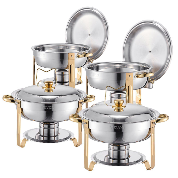 Chafing Dish Buffet Set, 5 Qt 4 Pack, Stainless Steel Chafer with 4 Full Size Pans, Round Catering Warmer Server with Lid Water Pan Folding Stand Clip, for Weddings Parties Banquets, Gold