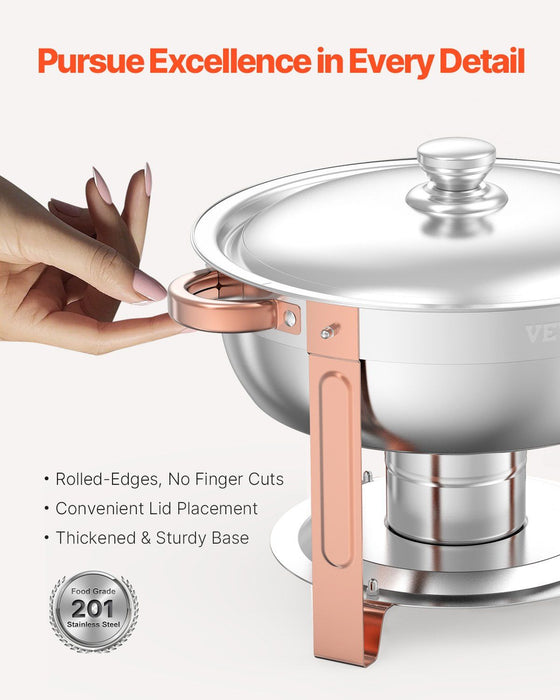 Chafing Dish Buffet Set, 5 Qt 4 Pack, Stainless Steel Chafer with 4 Full Size Pans, Round Catering Warmer Server with Lid Water Pan Folding Stand Clip, for Weddings Parties Banquets, Rose Gold