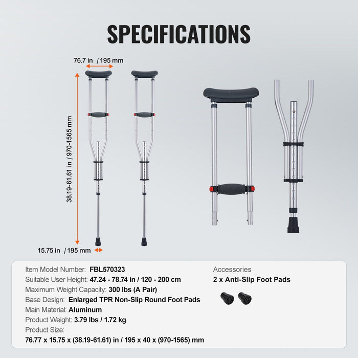 Underarm Crutches, 13-Level Height Adjustable Underarm Walking Crutches, Lightweight Aluminum Crutches for Adults Teenager - with Soft Underarm Pad for Leg Injury Surgery Disabled, 1 Pair 300LBS
