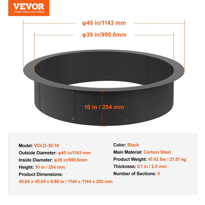 Fire Pit Ring, 44-Inch Outer/39-Inch Inner Diameter, 10inch Height 2.5mm Thick Fire Pit Insert, Heavy Duty Carbon Steel Liner DIY Campfire Ring above or In-Ground, for Outdoor Camping, Bonfires