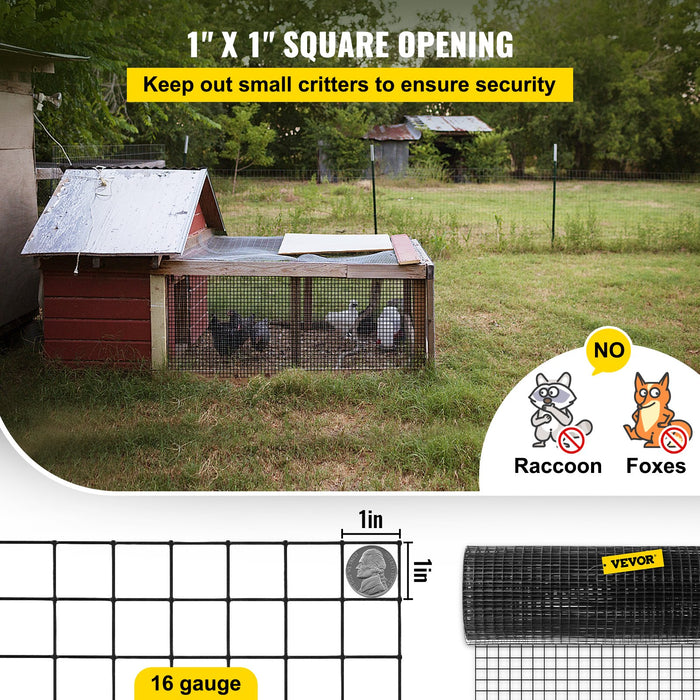 VEVOR Hardware Cloth, 24\" x50\' & 1\"x1\" Mesh Size, Galvanized Steel Vinyl Coated 16 Gauge Welded Wire with A Cutting Plier & A Pair of Fabric Gloves, for Garden Fencing & Pet Enclosures, Black