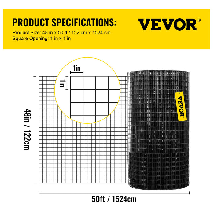VEVOR Hardware Cloth, 48\" x 50\' & 1\"x1\" Mesh Size, Galvanized Steel Vinyl Coated 16 Gauge Chicken Wire Fencing with A Cutting Plier & A Pair of Fabric Gloves, for Garden Fencing & Pet Enclosures,