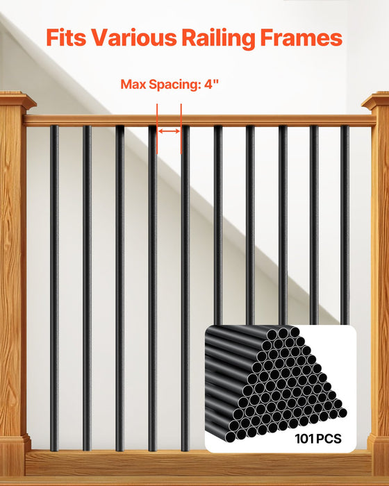 VEVOR Staircase Balusters 101 Pack, 32 In Aluminum Stair Balusters, 3/4 In Water-Proof Round Metal Spindle Railing, Hollow Deck Railing with Rail Caps & Screws for Stairs, Porch, Patio, Fence, Black