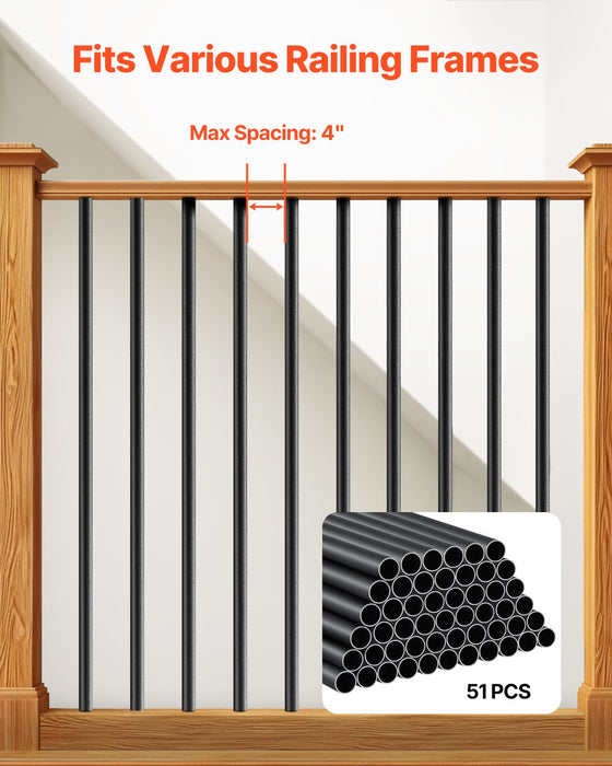 VEVOR Staircase Balusters 51 Pack, 813 mm Aluminum Stair Balusters, 19 mm Water-Proof Round Metal Spindle Railing, Hollow Deck Railing with Rail Caps & Screws for Stairs, Porch, Patio, Matte Black