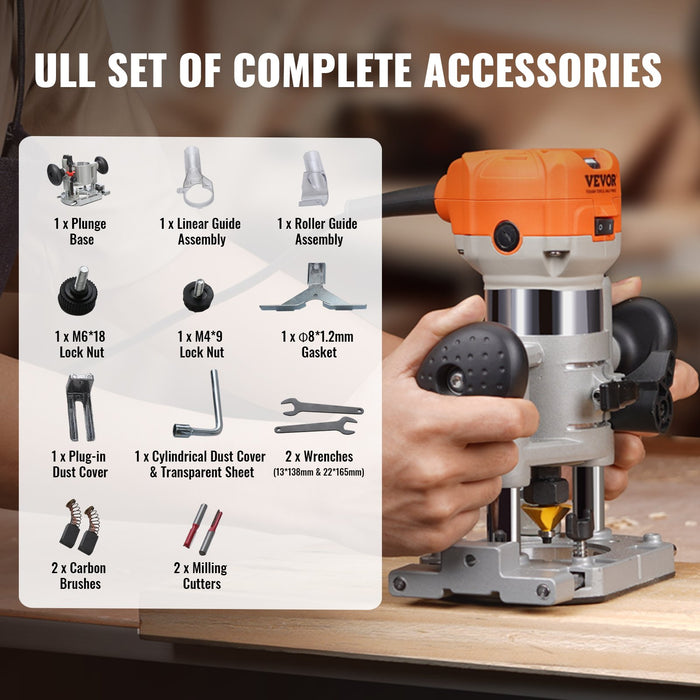 VEVOR Wood Router, 1.25HP 800W, Compact Wood Trimmer Router Combo Tool with Plunge and Fixed Base, 30000RPM 6 Variable Speeds, with 1/4'' & 5/16'' Collets Dust Hood, for Woodworking Slotting Trimming