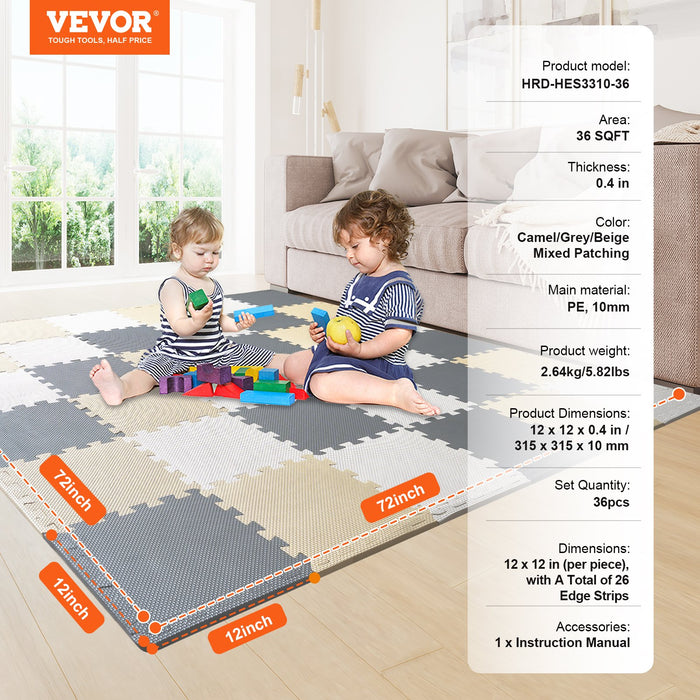 VEVOR Kids Foam Puzzle Floor Playmat 0.4 in 36 Pcs Interlocking EVA Soft Tiles
