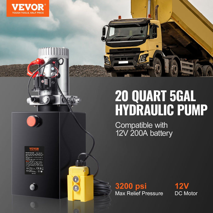 Hydraulic Pump, 20 Quart Hydraulic Power Unit, Single Acting Dump Trailer Pump, 0.91 GPM Flow Rate, 3200 PSI Max Relief Pressure, DC 12V Hydraulic Pump for Dump Trailer Car Lifting