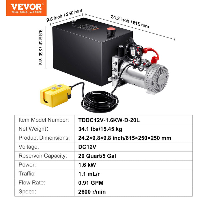 Hydraulic Pump, 20 Quart Hydraulic Power Unit, Single Acting Dump Trailer Pump, 0.91 GPM Flow Rate, 3200 PSI Max Relief Pressure, DC 12V Hydraulic Pump for Dump Trailer Car Lifting