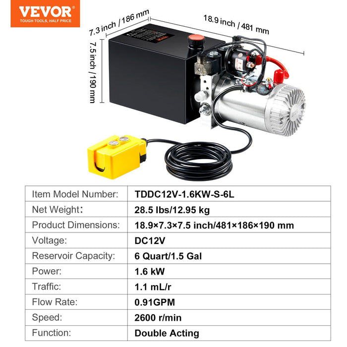 Hydraulic Pump, 6 Quart Hydraulic Power Unit, Double Acting Dump Trailer Pump, 0.91 GPM Flow Rate, 3200 PSI Max Relief Pressure, DC 12V Hydraulic Pump for Dump Trailer Car Lifting