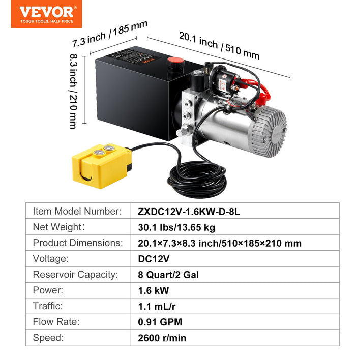 VEVOR Hydraulic Pump, 8 Quart Hydraulic Power Unit, Single Acting Dump Trailer Pump, 0.91 GPM Flow Rate, 3200 PSI Max Relief Pressure, DC 12V Hydraulic Pump for Dump Trailer Car Lifting