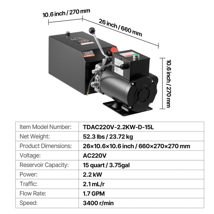 Hydraulic Pump Power Unit, AC 220V, 15 Quart Single Acting Hydraulic Unit, 6.3 L/min Oil Flow, Max Discharge Pressure 22 MPa for Dump Truck, Auto Repair Garage, Car Lifting Platforms, Black