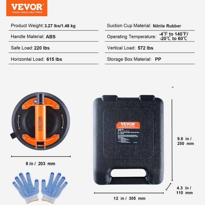 VEVOR Glass Suction Cup, 203 mm 278 kg Capacity, Vacuum Suction Cup with ABS Handle and Carry Box, Heavy Duty Industrial Suction Cup Lifter Tool for Glass, Granite, Tile, Metal, Wood Panel Lifting
