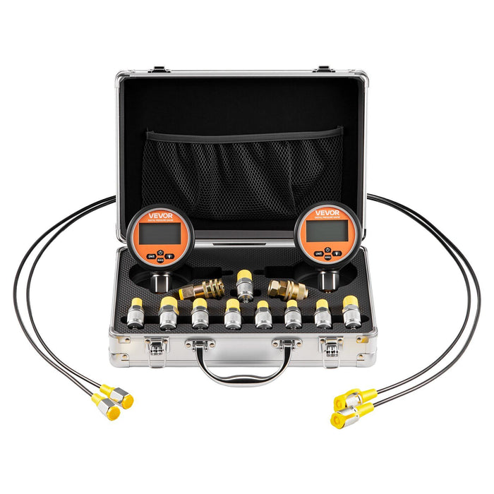 Digital Hydraulic Pressure Test Coupling Kit, 700 Bar Pressure Gauge Manometer Tester with 2 Gauges, 9 Test Couplings, 2 Quick-Release Couplers, 2 Hoses for Excavator Construction Machinery