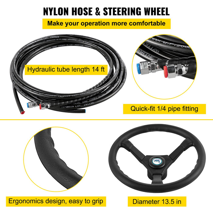 VEVOR Hydraulic Boat Steering Kit, 300HP Hydraulic Steering Kit Helm Pump, Hydraulic Outboard Steeing Kit with 4267 mm Hydraulic Steering Hose for Boat Steering System
