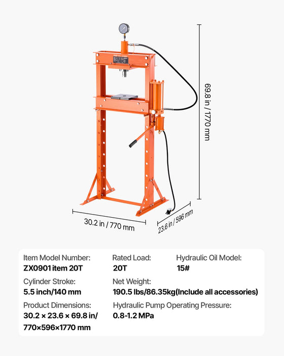 VEVOR 20 T Hydraulic Shop Press Hydraulic Press with Press Plate for Bending