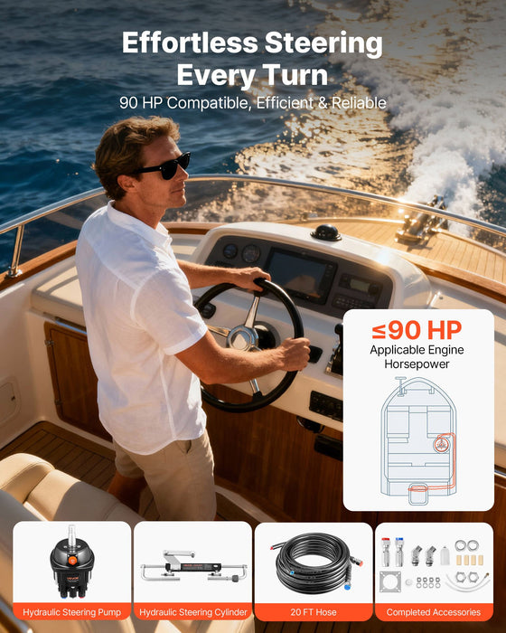 VEVOR Hydraulic Steering Kit, 90 HP, Marine Boat Hydraulic Steering System, with 6.9 MPa/1000 psi Helm Pump, Two-Way Lock Cylinder, and 6 m High-Strength Hoses, for Single Station, Single-Engine Use
