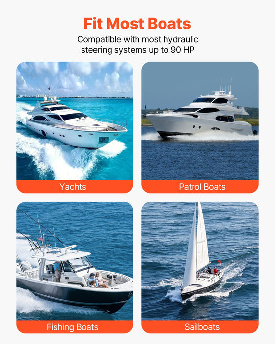 VEVOR Hydraulic Steering Kit, 90 HP, Marine Boat Hydraulic Steering System, with 6.9 MPa/1000 psi Helm Pump, Two-Way Lock Cylinder, and 6 m High-Strength Hoses, for Single Station, Single-Engine Use