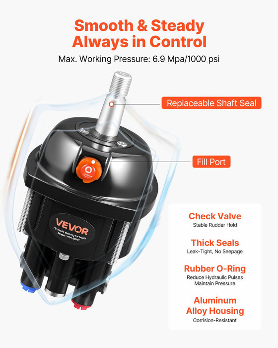 VEVOR Hydraulic Steering Kit, 90 HP, Hydraulic Steering Helm Pump & Cylinder, with 6.9 MPa/1000 psi Max Working Pressure, Aluminum Alloy Housing, Check Valve, for Outboards Fishing Boats Sailboats