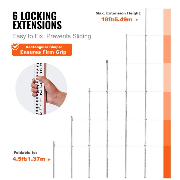 Aluminum Grade Rod, 18-Feet/10ths 6 Sections Telescopic Measuring Rod,Double-Sided Scale 1/10ft Leveling Rod Stick,Aluminum Alloy Survey Rod w/ Bubble Level &Carrying Bag for Houses,Walls,Floors