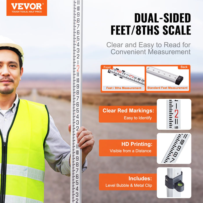 VEVOR Aluminum Grade Rod, 9-Feet/8ths 3 Sections Telescopic Measuring Rod, Double-Sided Scale 1/8in Leveling Rod Stick,Aluminum Alloy Survey Rod with Bubble Level &Carrying Bag for Houses,Walls,Floors