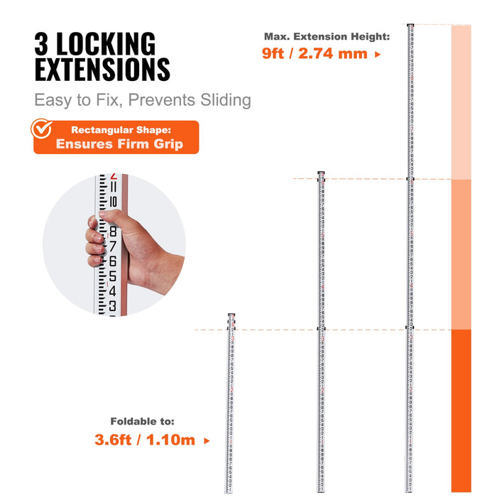 VEVOR Aluminum Grade Rod, 9-Feet/8ths 3 Sections Telescopic Measuring Rod, Double-Sided Scale 1/8in Leveling Rod Stick,Aluminum Alloy Survey Rod with Bubble Level &Carrying Bag for Houses,Walls,Floors