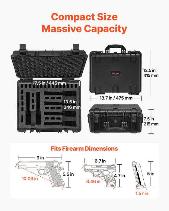 Hard Pistol Case, Heavy Duty Hard Gun Case with XPE Foam Interior, Waterproof Pistol Storage Box with Customizable Lining & Handle for Gun, Lenses, Camera, Gear, TSA Compliant, 475x415x215 mm