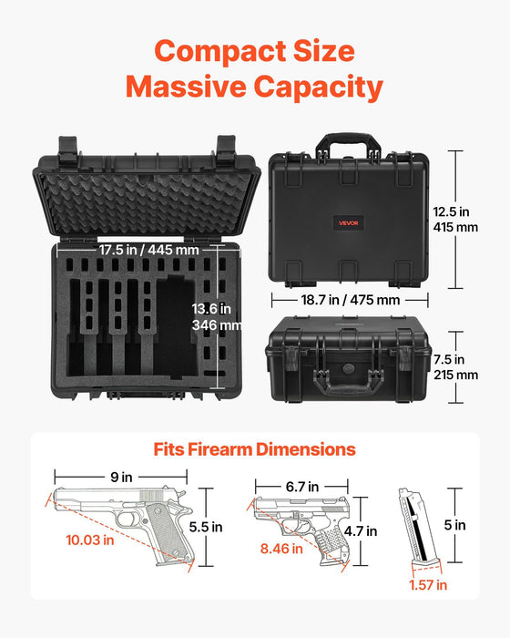 Hard Pistol Case, Heavy Duty Hard Gun Case with XPE Foam Lining, Waterproof Pistol Storage Box with Customizable Interior & Handle for Gun, Lenses, Camera, Gear, TSA Compliant, 475x415x215 mm