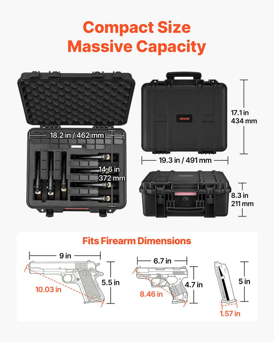 Hard Pistol Case, Heavy Duty Hard Gun Case with XPE Foam Lining, Waterproof Pistol Storage Box with Customizable Interior & Handle for Gun, Lenses, Camera, Gear, TSA Compliant, 491x434x211 mm