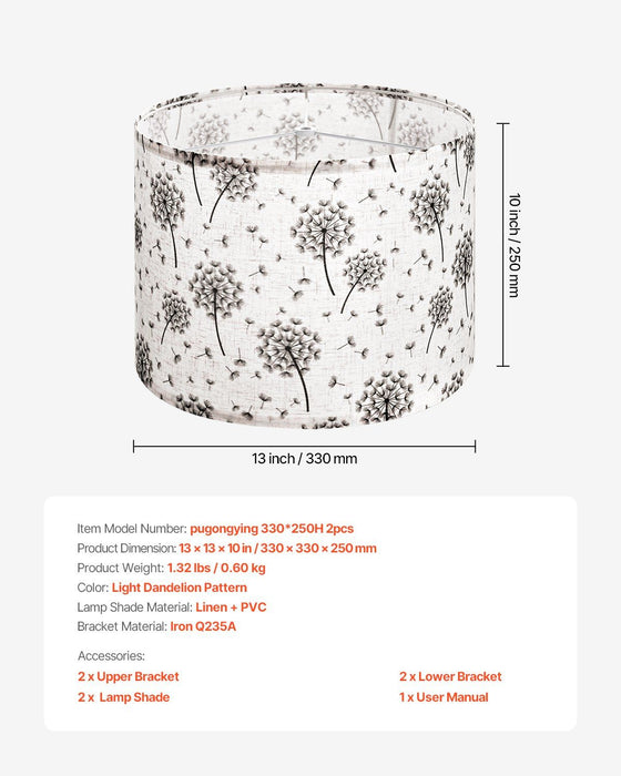 Drum Lamp Shade 2 Set, 33 cm Top x 33 cm Bottom x 25 cm High, Medium Drum Linen Lampshade, Replacement Lamp Shade for Table Lamps Floor Lamps, Easy Assembly Required (Light Dandelion Pattern)