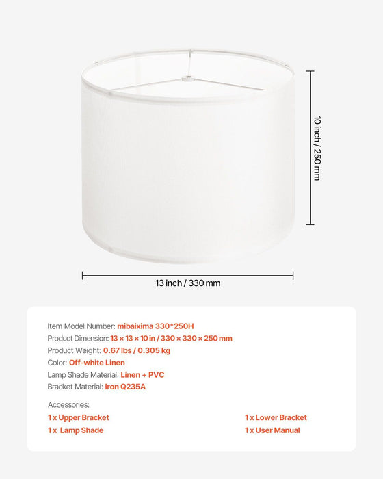 Drum Lamp Shade, 33 cm Top x 33 cm Bottom x 25 cm High, Medium Drum Linen Lampshade, Replacement Lamp Shade for Table Lamps Floor Lamps Pendant Lights, Easy Assembly Required (Off-white Linen)